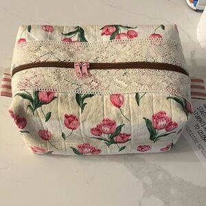 Floral Cotton Zip Pouch Cosmetic Bag - Pink Tulip Print